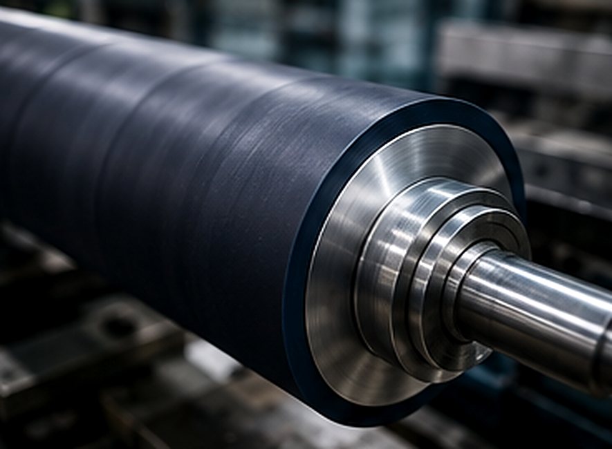 Close-up of a precision-finished rubber roller with polished steel shaft