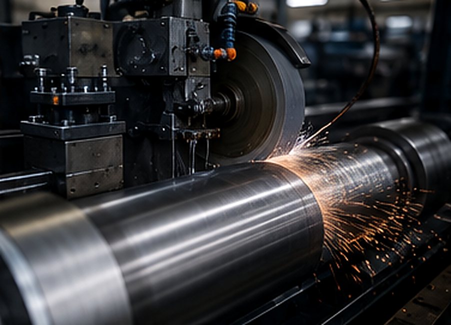 Metal core turning on a lathe with sparks flying