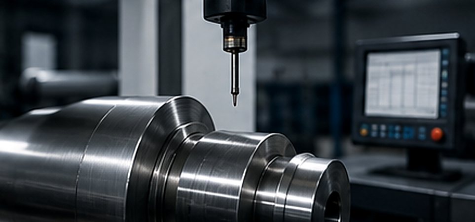 CNC quality control probe inspecting a finished roller