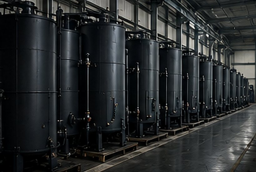 Row of finished acid-proof tanks in production
